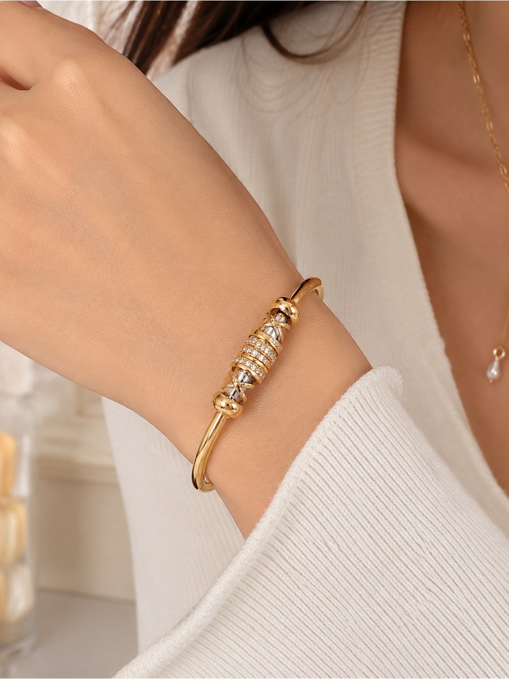 Gold Plated Adjustable Charm Cuff Bracelet Minimalist Rhinestone Bangle